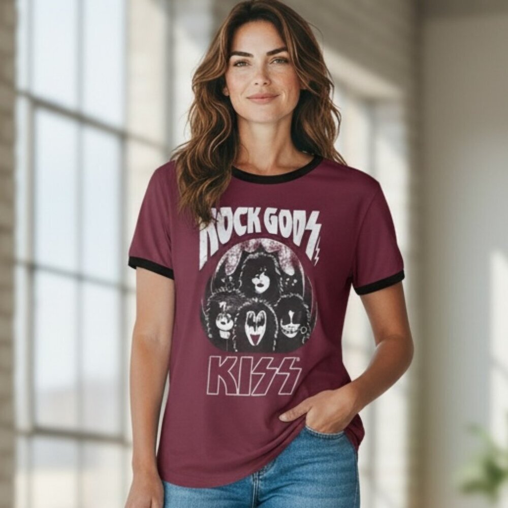 KISS Band Graphic Tee Rock Gods Ringer T-Shirt Sz 2XL Burgundy #358D